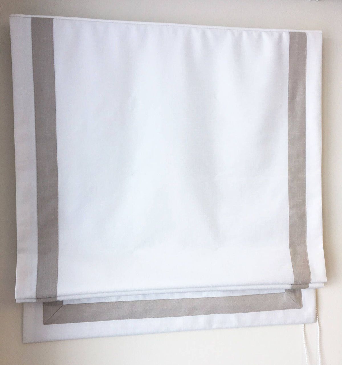 Cheval faux linen relaxed Roman shade with contrast linen border — custom size