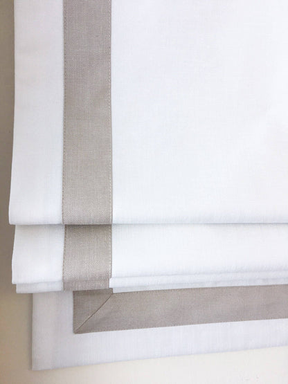 Cheval faux linen relaxed Roman shade with contrast linen border — custom size