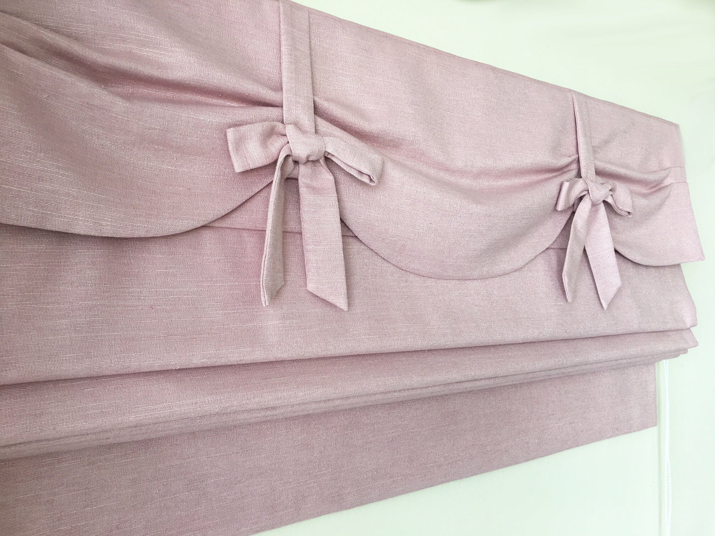 Dolce Blush flat Roman shade — valance close-up, handmade in Toronto