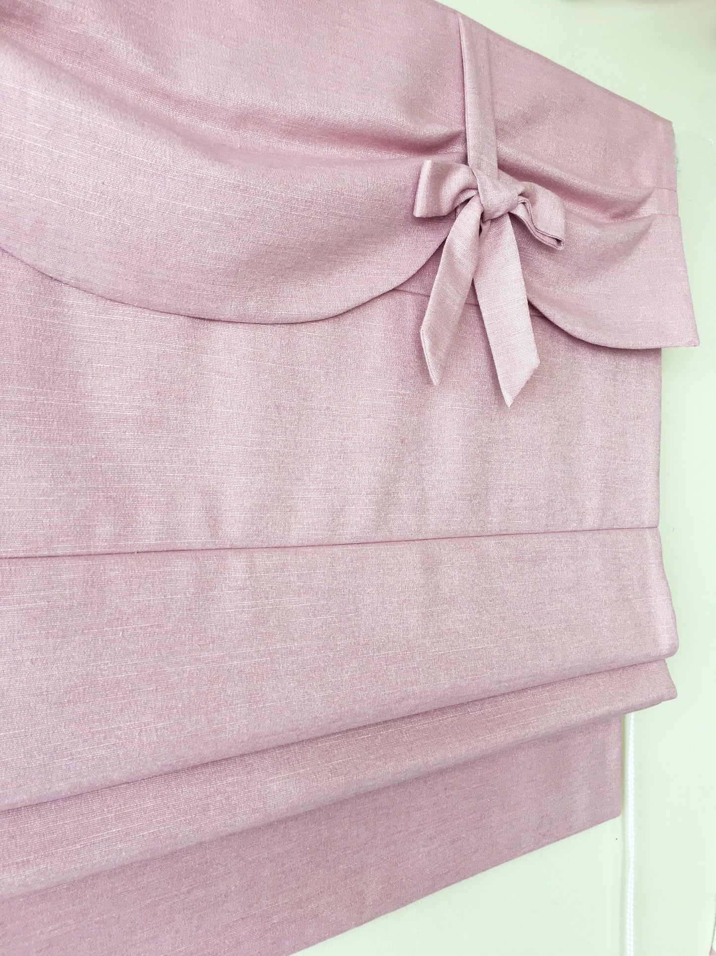 Dolce Blush nursery Roman shade — soft pink faux linen, handmade in Toronto
