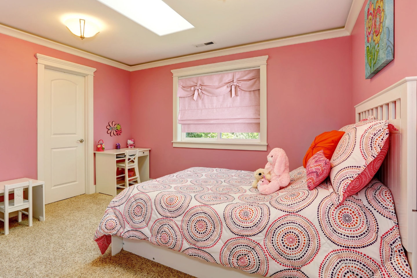 Dolce Blush nursery flat Roman shade — faux linen with valance and bows, handmade in Toronto
