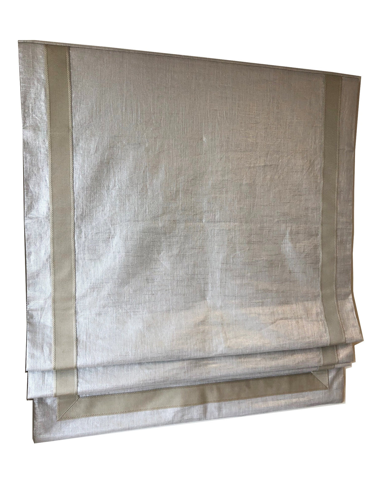 Shimmer linen blend relaxed Roman shade with geometric taupe border