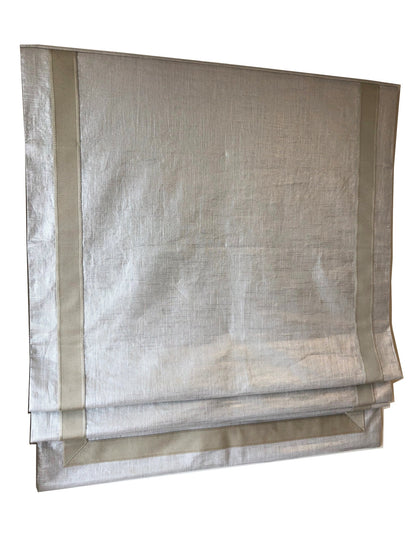 Shimmer linen blend relaxed Roman shade with geometric taupe border
