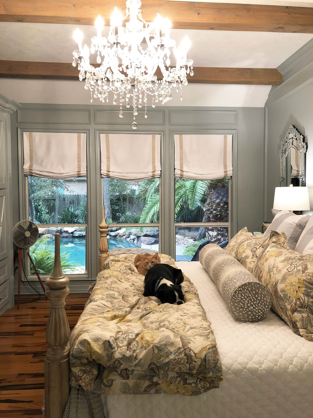 Cheval faux linen European relaxed Roman shade with decorative trim, custom made to order