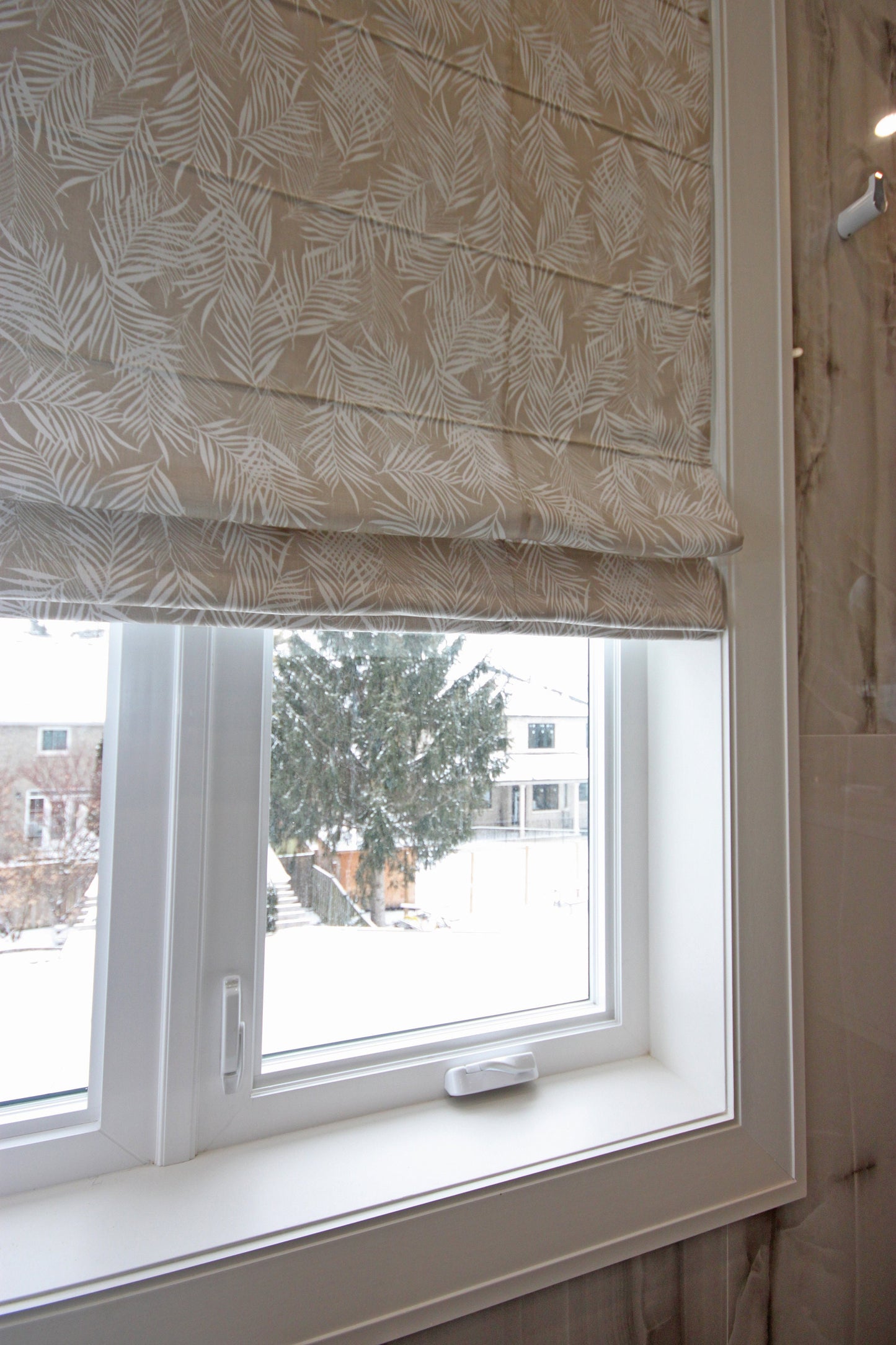 Lush Taupe flat roman shade — Lush Taupe linen-textured fabric, handmade in Toronto