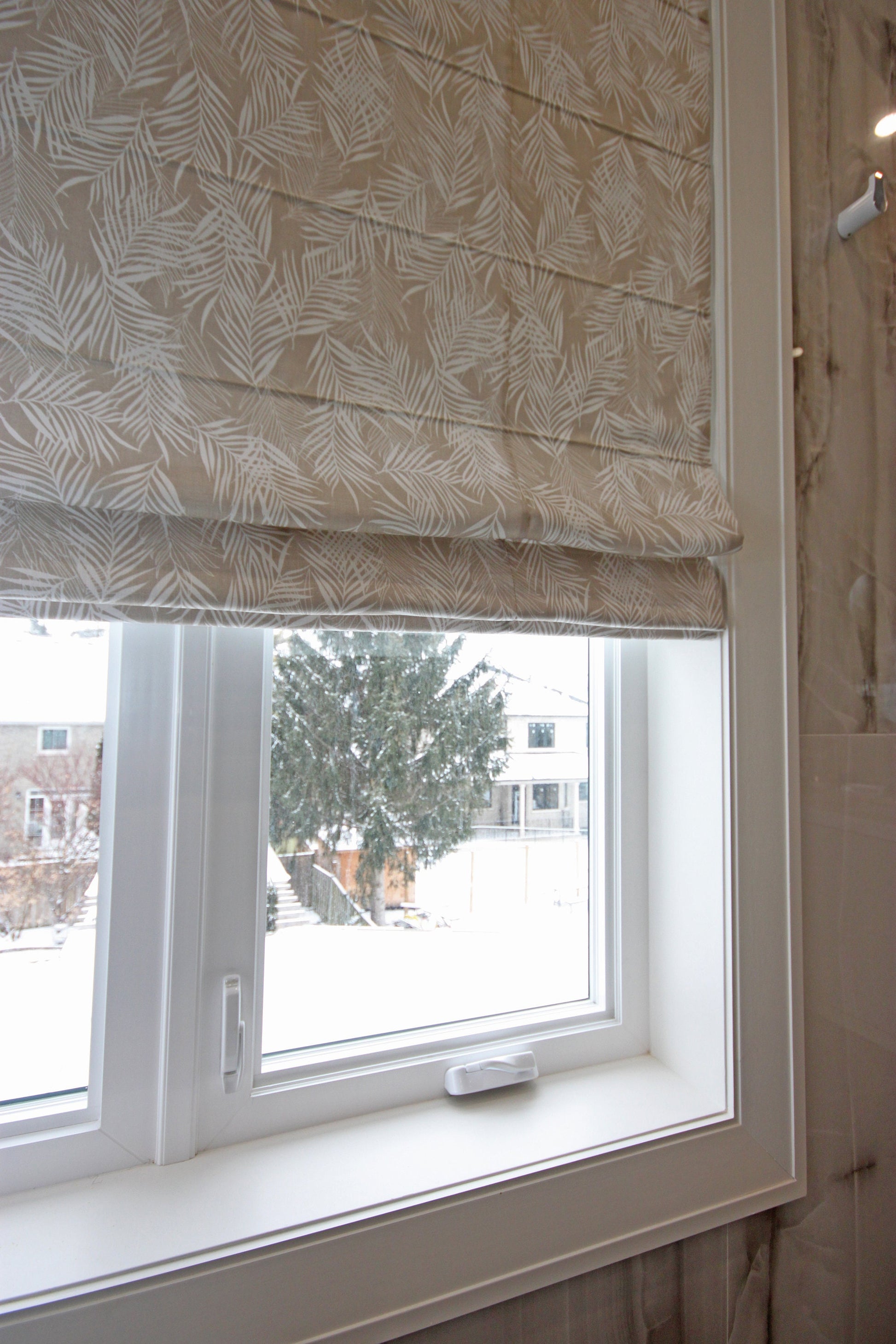 Lush Taupe flat roman shade — Lush Taupe linen-textured fabric, handmade in Toronto