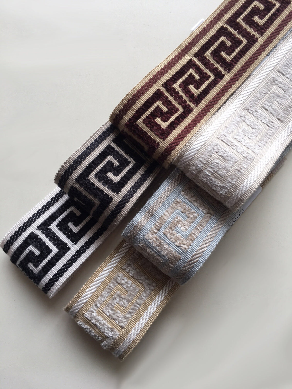 Greek key trim colourways in brown, black and light blue