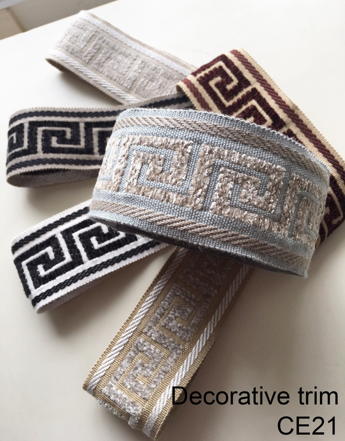 Decorative Greek key trim CE21, one inch wide, in four colourways