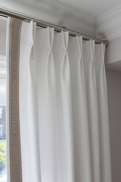Pinch pleat header close-up, Greek Key trim on the leading edge — LOGANOVA