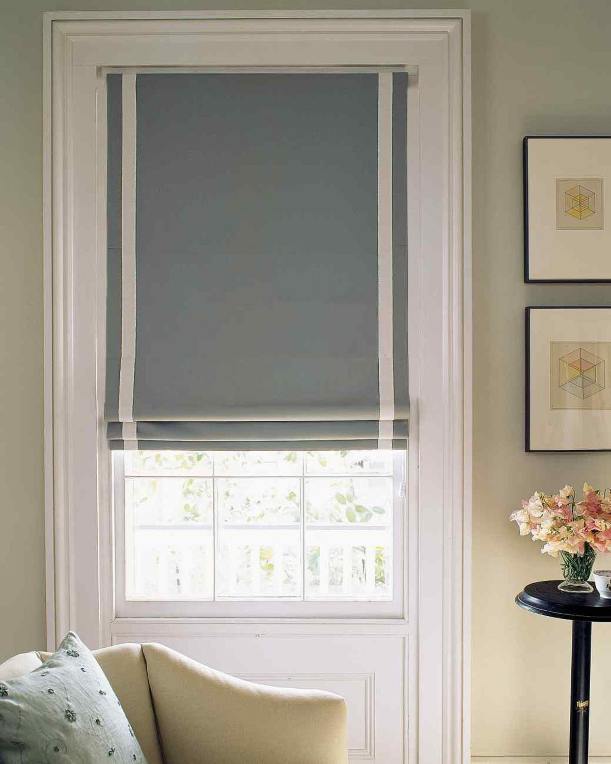 Regatta linen relaxed Roman shade with white side border, custom size