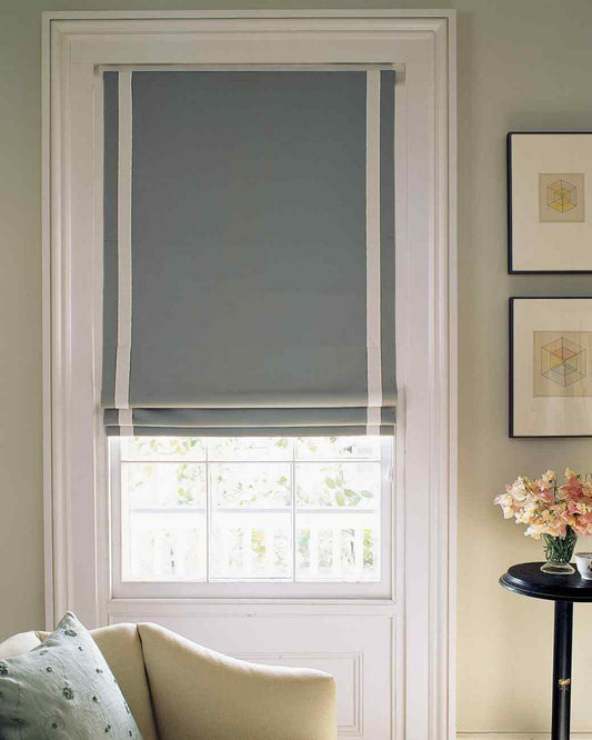 Regatta linen relaxed Roman shade with white side border, custom size