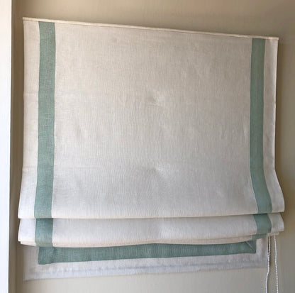 Cordoba linen relaxed Roman shade with Rendezvous contrast border
