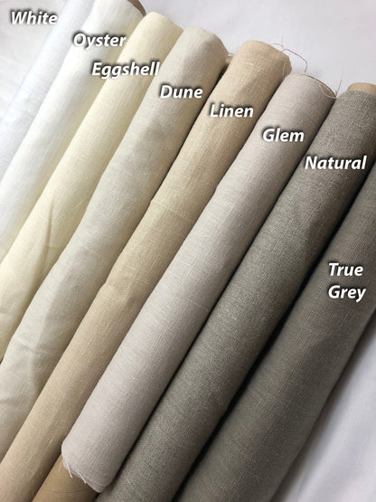 Neutral linen fabric samples for custom Roman shades and curtains: rolls in White, Oyster, Eggshell, Dune, Linen, Glem, Natural and True Grey by LOGANOVA Shades.