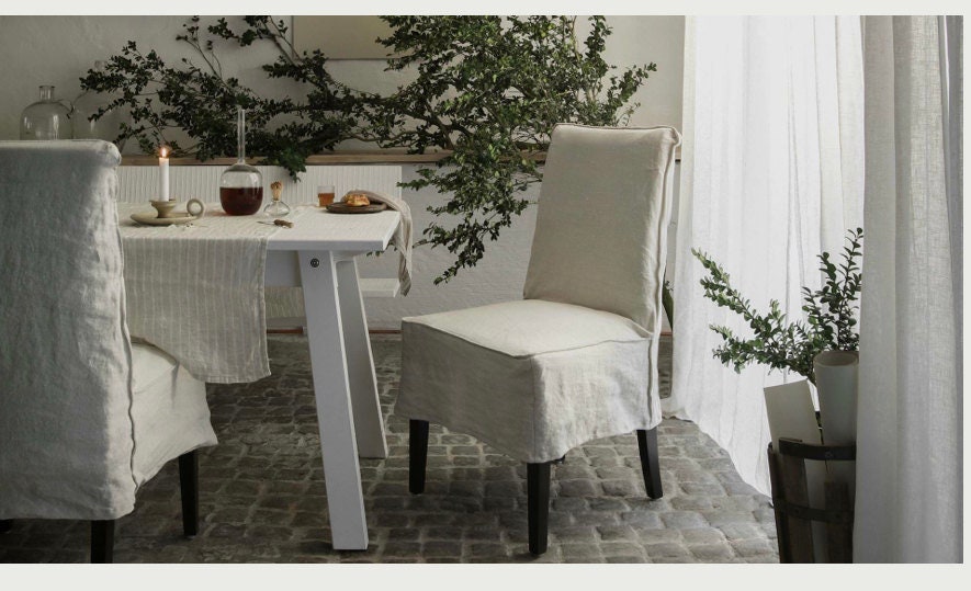 Linen chair slipcover in a dining room