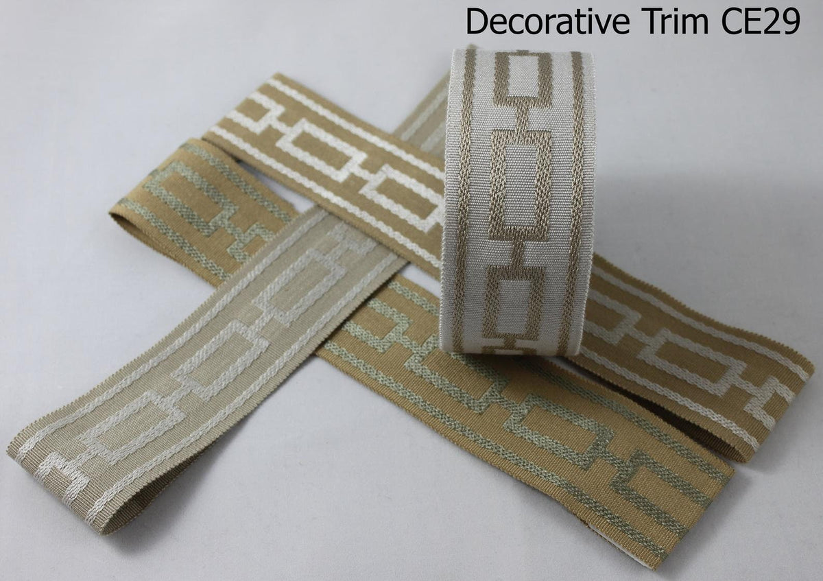 Corner detail where the Greek key tape meets the side edge of the shade