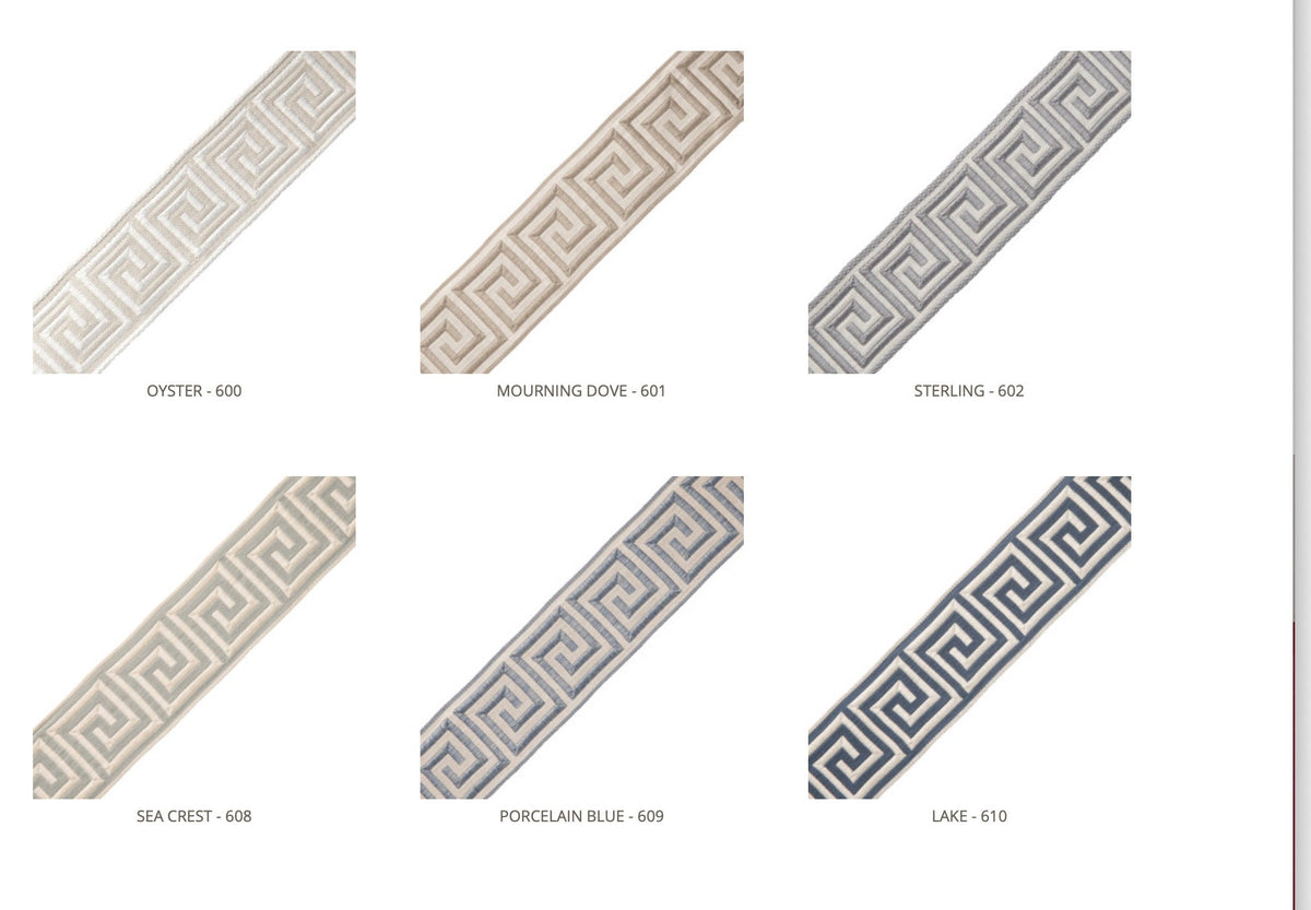 Six Aristotle Greek Key trim colourways: Oyster, Morning Dove, Sterling, Sea Chest, Porcelain Blue, Lake
