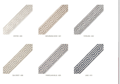 Six Aristotle Greek Key trim colourways: Oyster, Morning Dove, Sterling, Sea Chest, Porcelain Blue, Lake