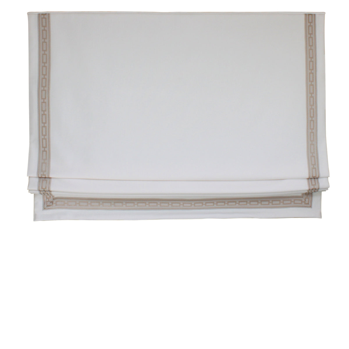 Relaxed Roman shade raised part way, showing the straight lines of the rising fabric
