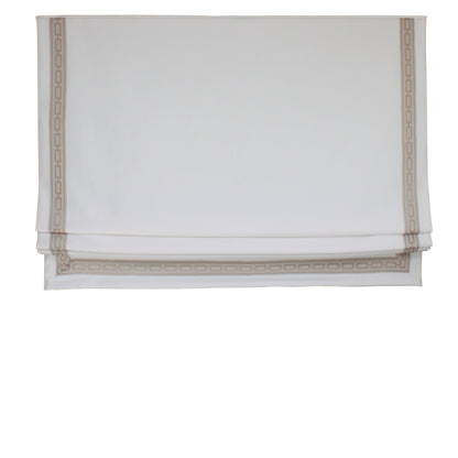 Relaxed Roman shade raised part way, showing the straight lines of the rising fabric