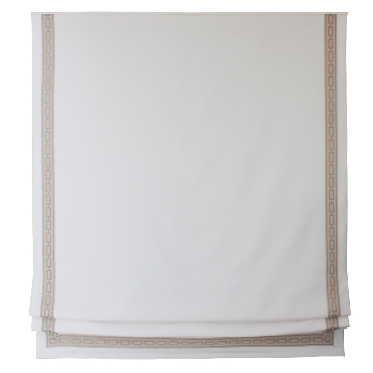 Beige linen Roman shade with Greek key border mounted inside a window frame