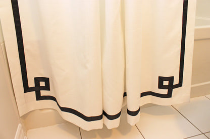 Greek Key ribbon close-up on faux linen — LOGANOVA