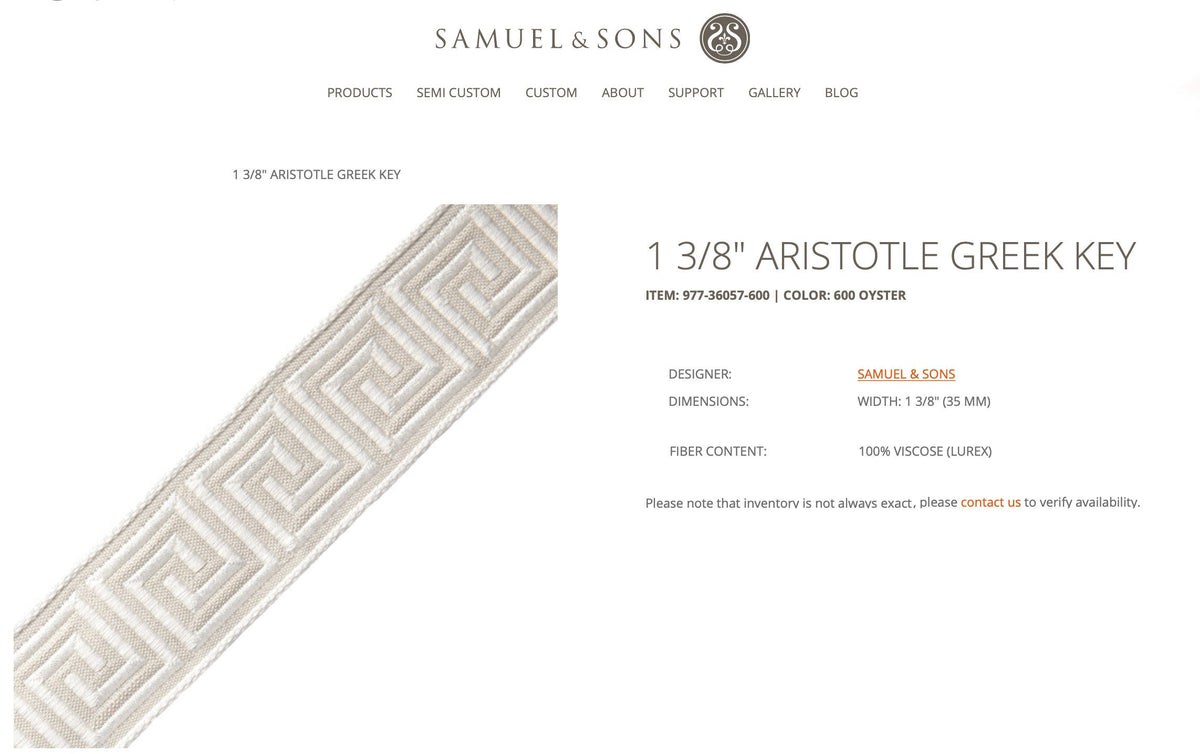 Samuel and Sons Aristotle Greek Key trim, 1 3/8 inch wide, 100% viscose lurex, colour 600 Oyster