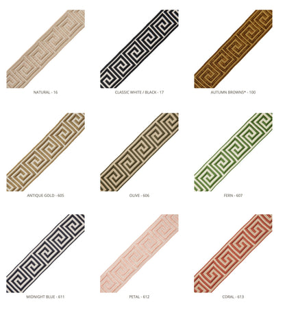 Nine Aristotle Greek Key trim colourways: Natural, Classic White and Black, Autumn Browns, Antique Gold, Olive, Fern, Midnight Blue, Petal, Coral