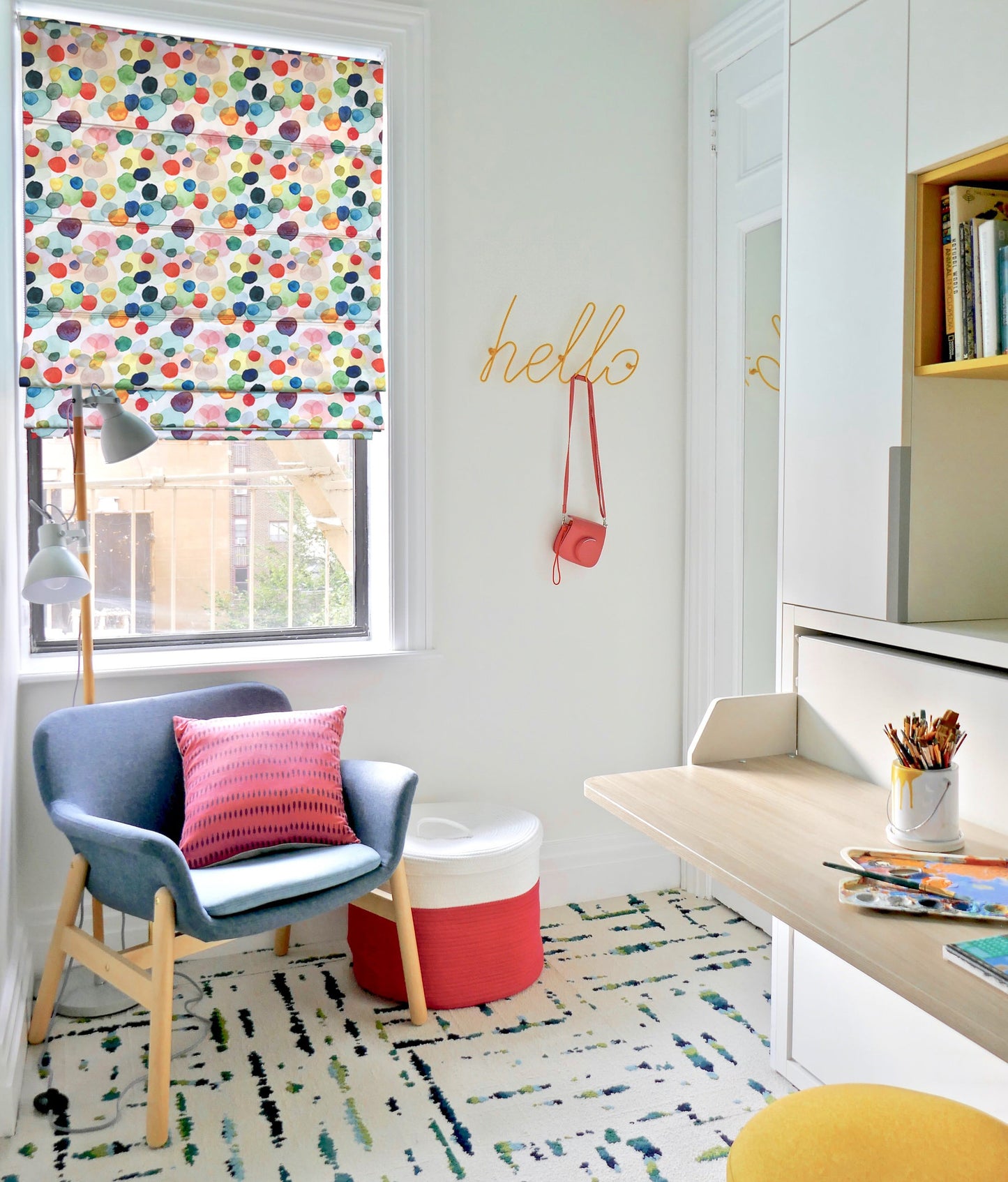 Watercolor Blobs flat roman shade — Watercolor Blobs printed fabric, handmade in Toronto
