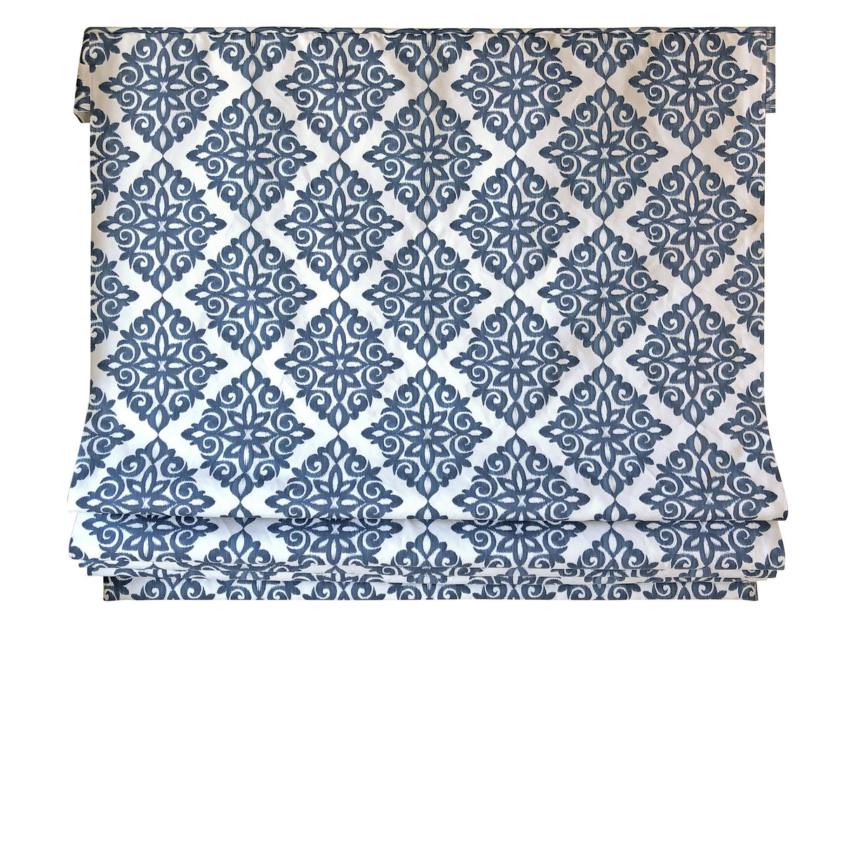 Navy damask pattern on linen blend fabric, close view