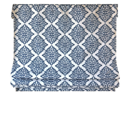 Navy damask pattern on linen blend fabric, close view