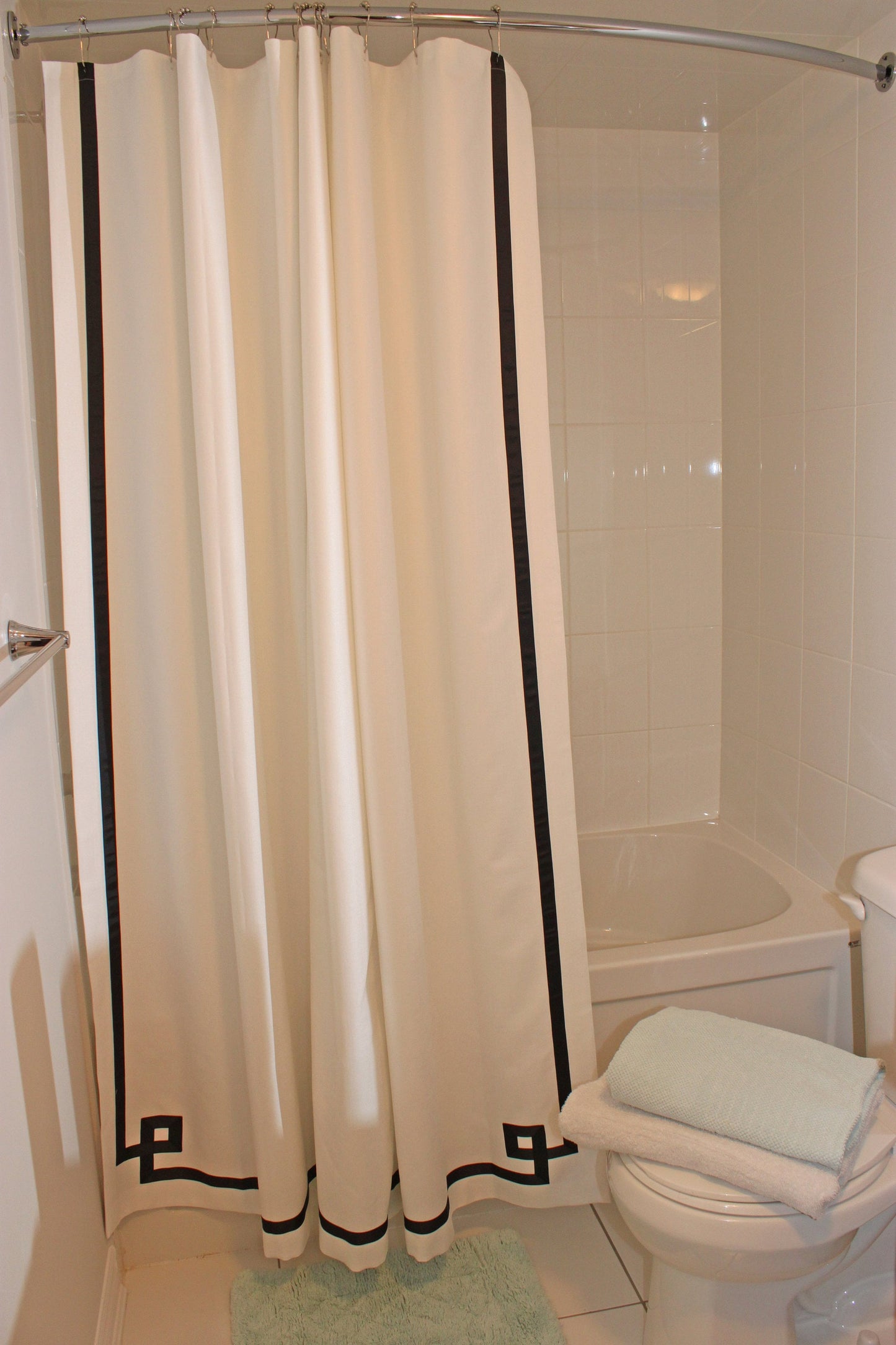 Custom-size Greek Key shower curtain, full bathroom view — LOGANOVA