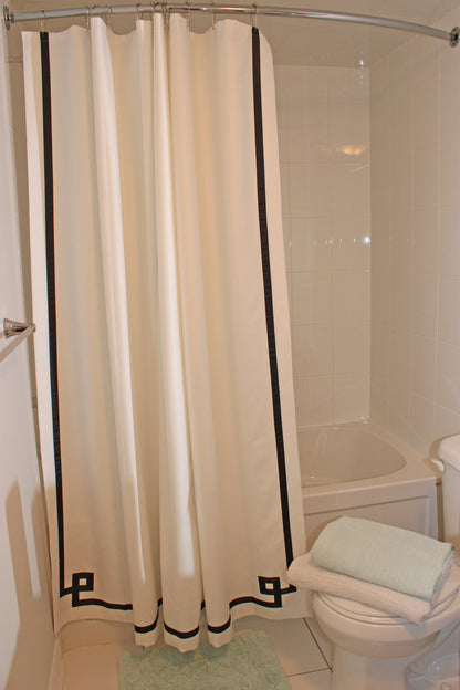 Custom-size Greek Key shower curtain, full bathroom view — LOGANOVA