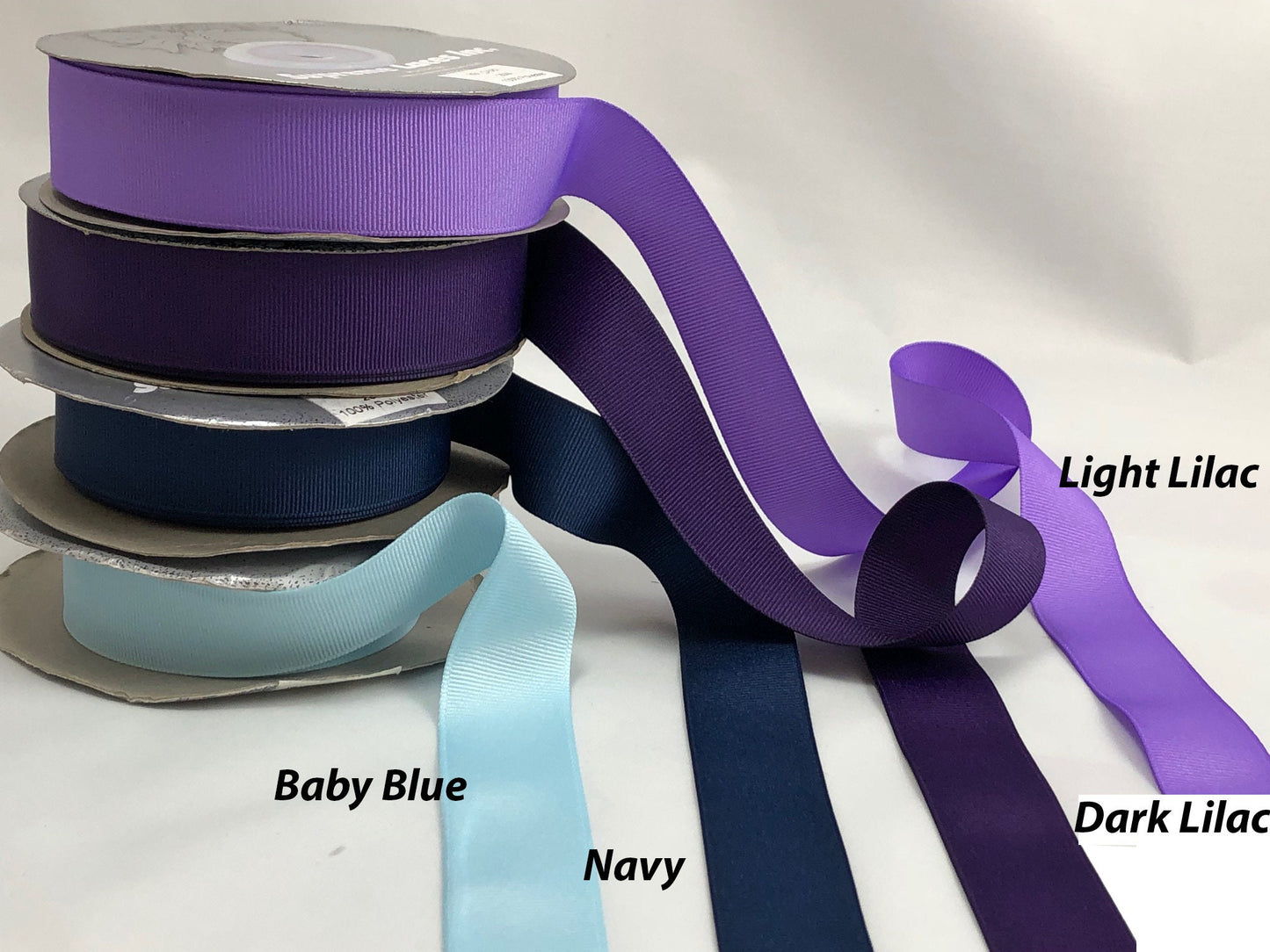 Trim ribbon colours — baby blue, navy, light and dark lilac — LOGANOVA