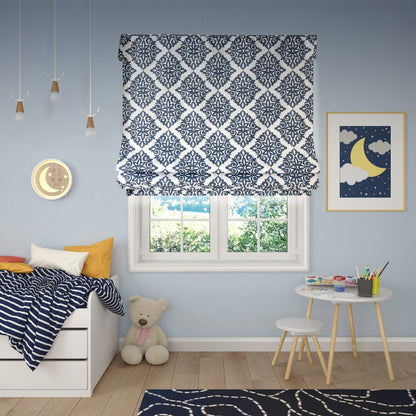 Modern Damask Navy relaxed Roman shade hanging in a window, custom made