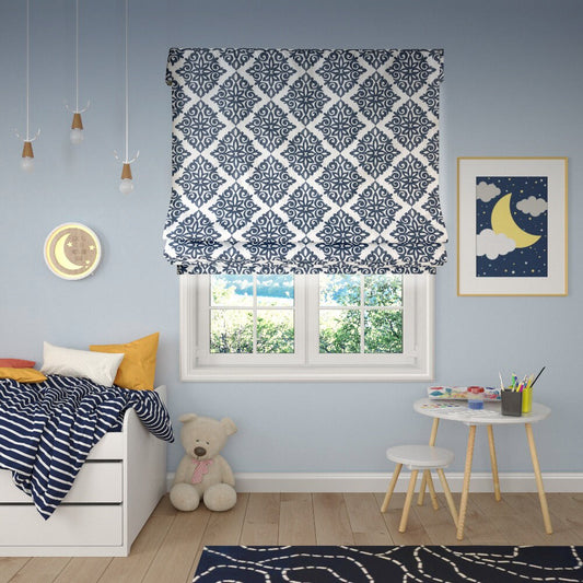 Modern Damask Navy relaxed Roman shade hanging in a window, custom made