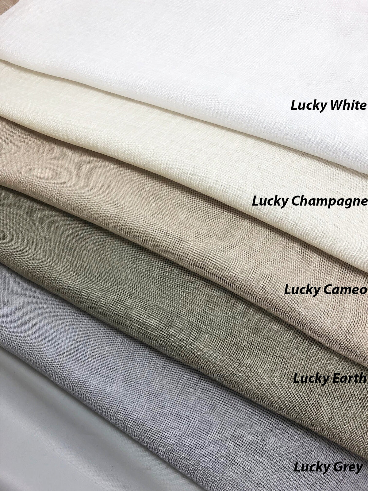 Lucky sheer colour range: White, Champagne, Cameo, Earth and Grey