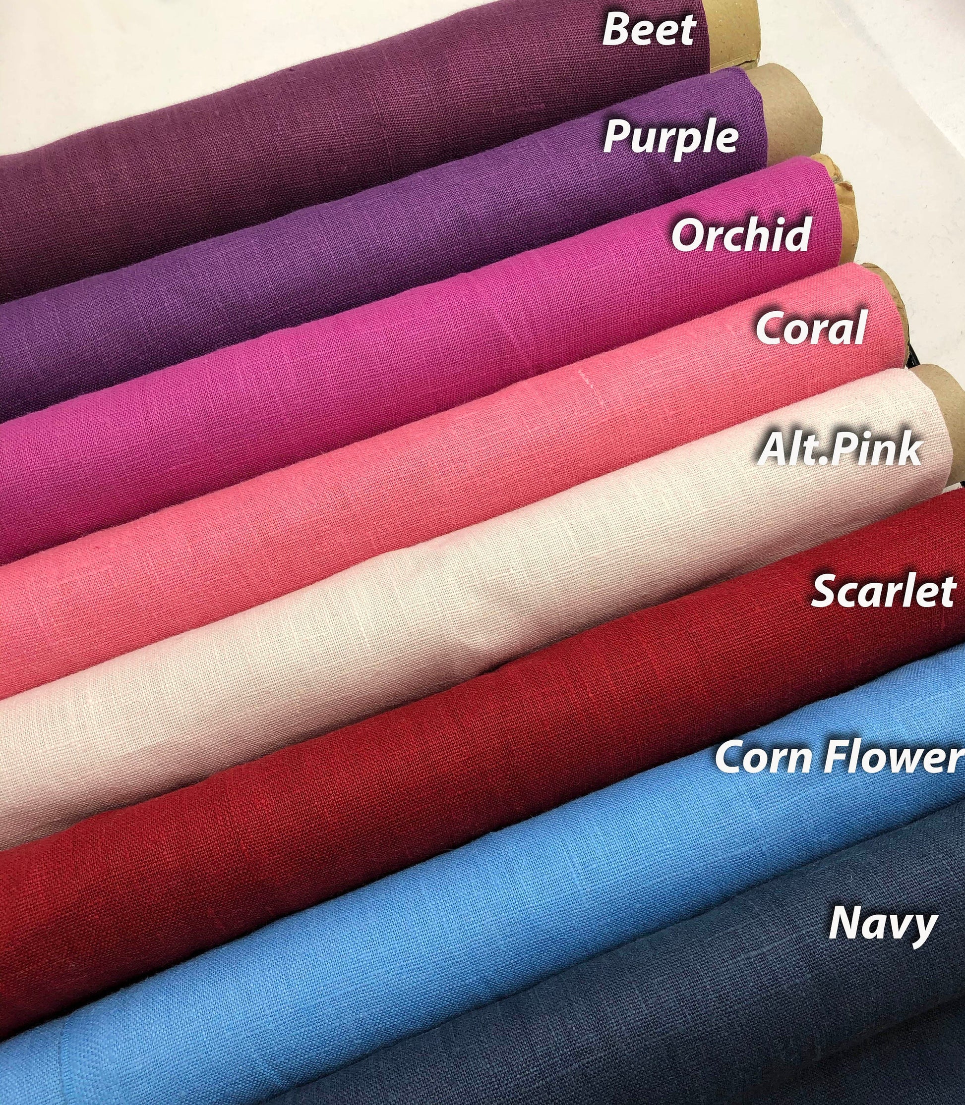 Tuscany linen bright colours: Beet, Purple, Orchid, Coral, Alt.Pink, Scarlet, Corn Flower, Navy