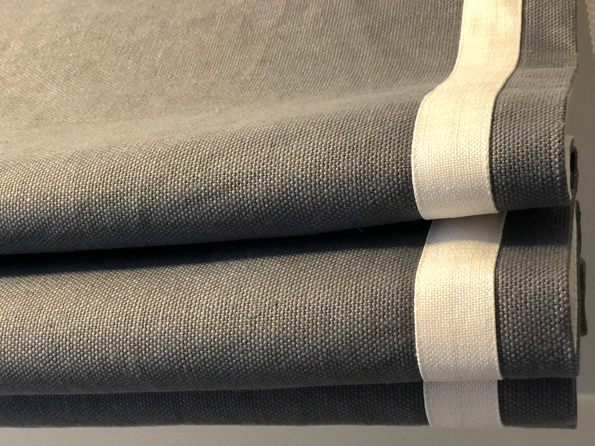 Irish linen relaxed Roman shade with 2-side inset border