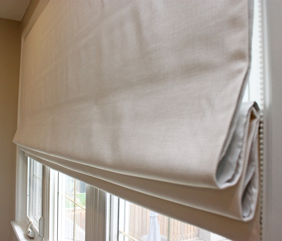 Cheval faux linen relaxed Roman shade, custom made