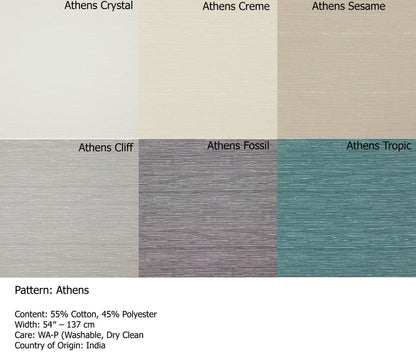 Athens fabric palette — 6 colours: Crystal, Creme, Sesame, Cliff, Fossil, Tropic