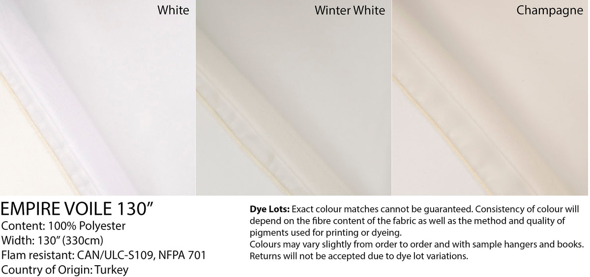 Empire Voile colour card: White, Winter White, Champagne