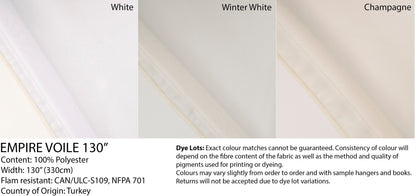 Empire Voile colour card: White, Winter White, Champagne
