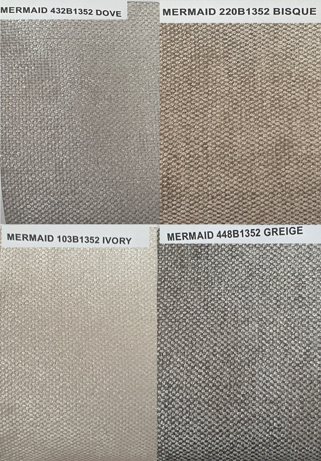 Fabric colour swatches labelled Dove, Bisque, Ivory and Greige — LOGANOVA