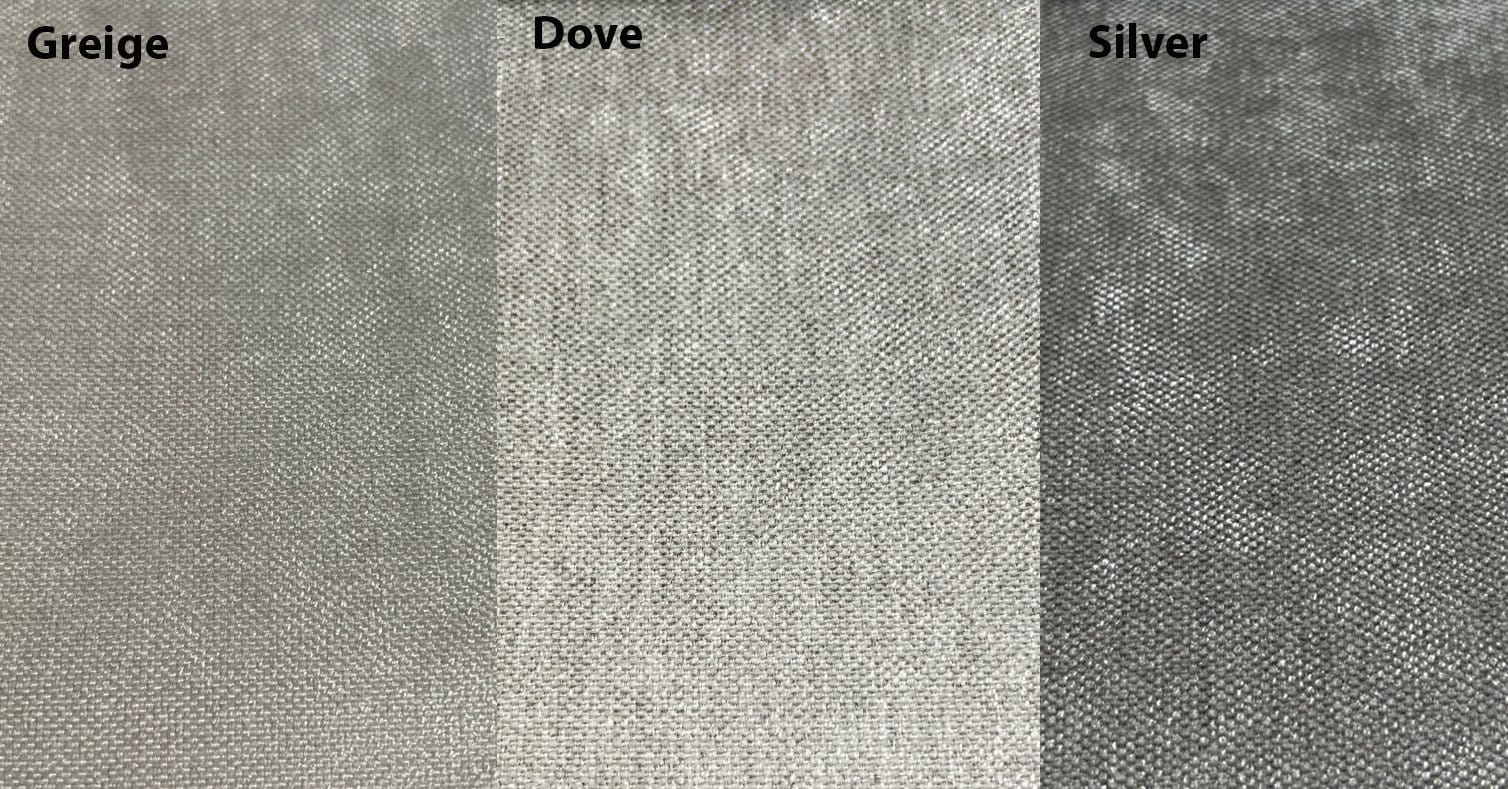 Fabric colour swatches labelled Greige, Dove and Silver — LOGANOVA