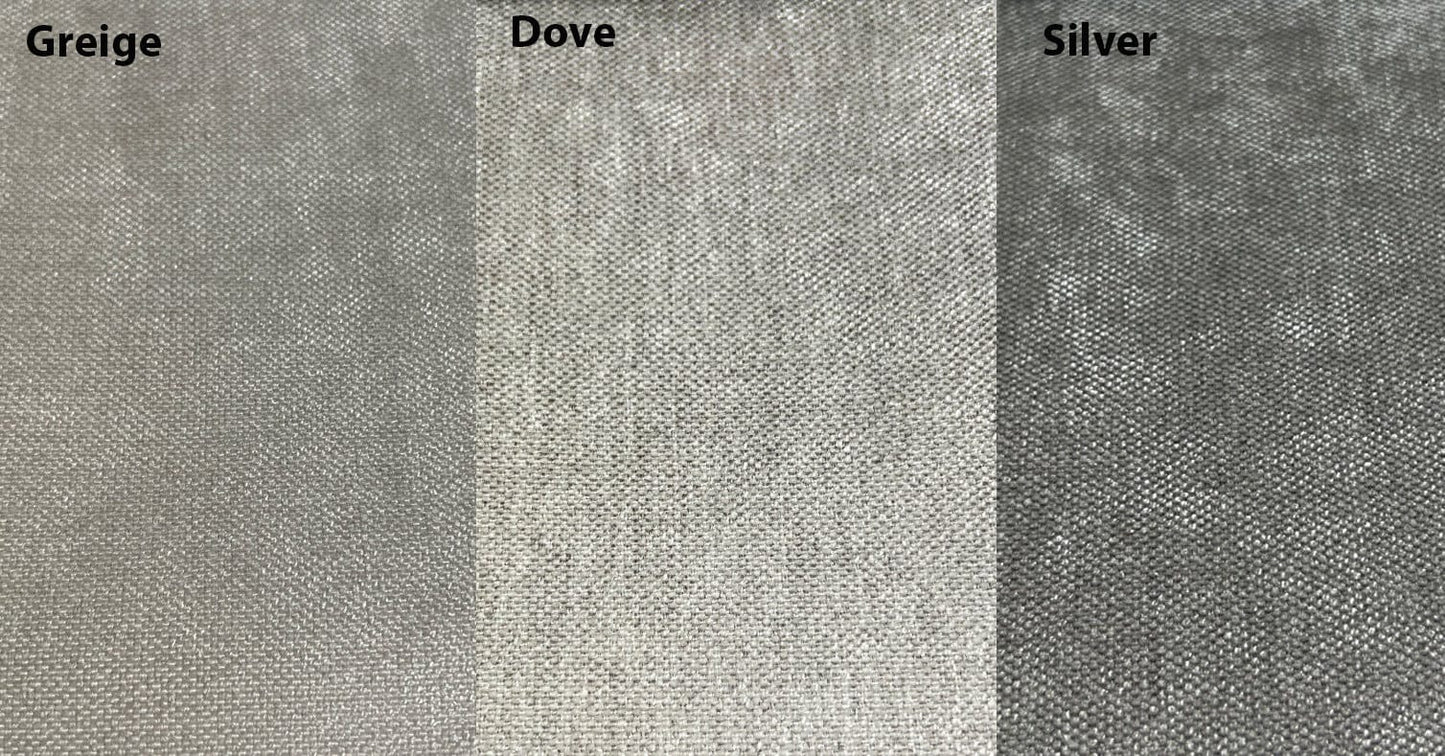 Fabric colour swatches labelled Greige, Dove and Silver — LOGANOVA