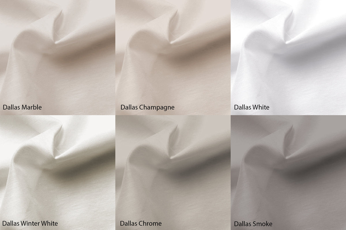 Dallas sheer colour card: Marble, Champagne, White, Winter White, Chrome, Smoke