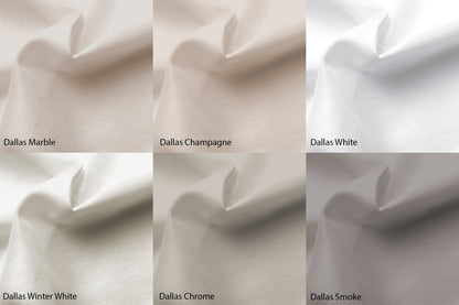 Dallas sheer colour card: Marble, Champagne, White, Winter White, Chrome, Smoke