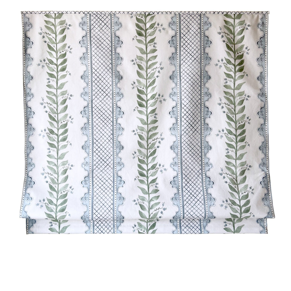 Relaxed Roman shade in Celia Quiet Blue on Cream — green leafy vines and blue trellis print on cream cotton