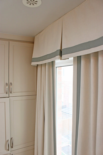 Pleated valance over drapery panels above kitchen patio door — LOGANOVA