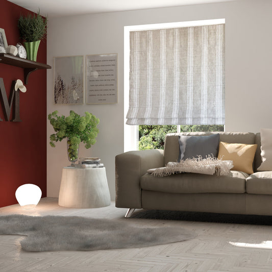 Allure Italian linen flat Roman shade in a living room — custom size